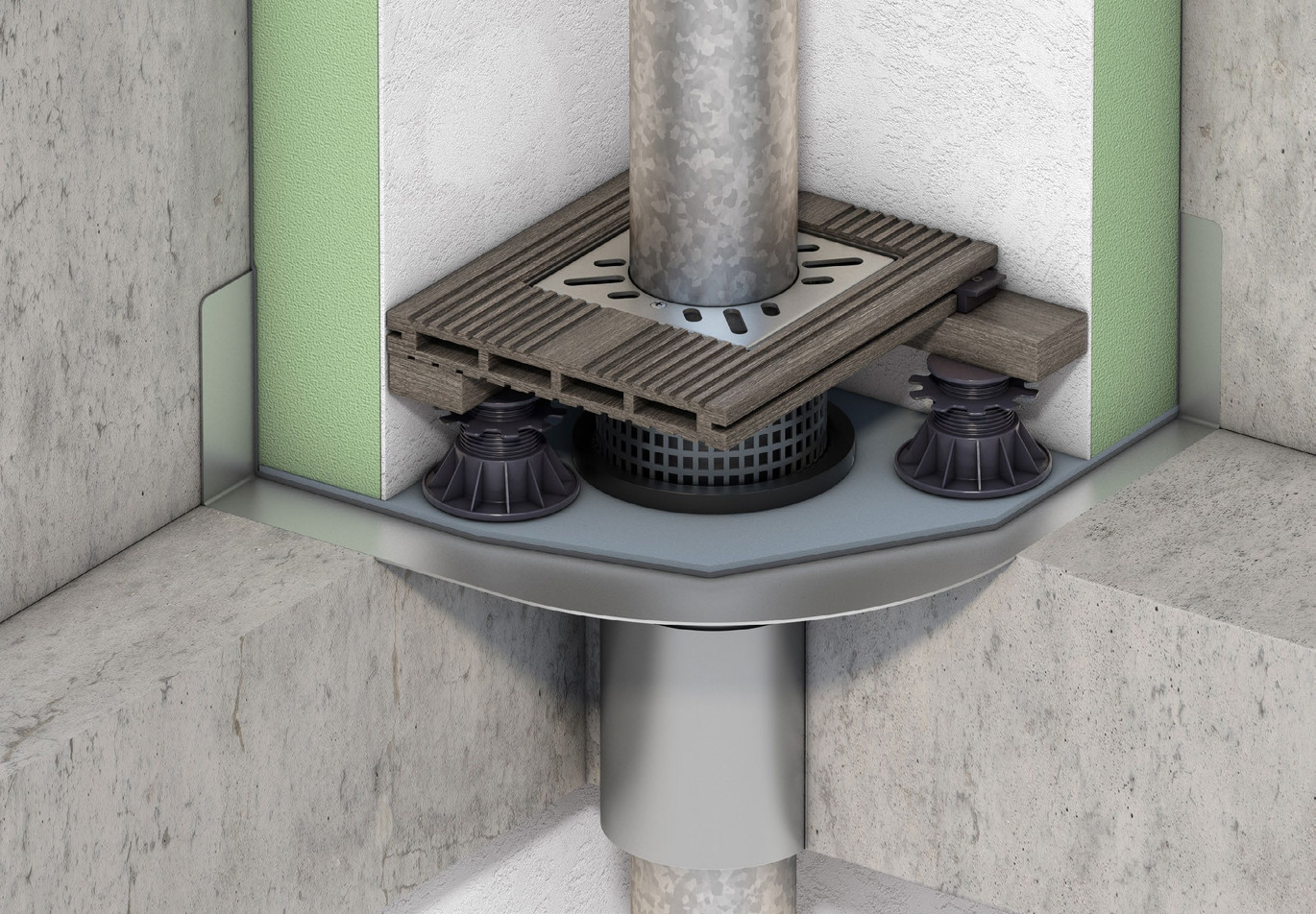 Gură de scurgere cu flanșă de perete pentru integrare în stratificație de beton cu hidroizolație lichidă și în pardoseala tip deck